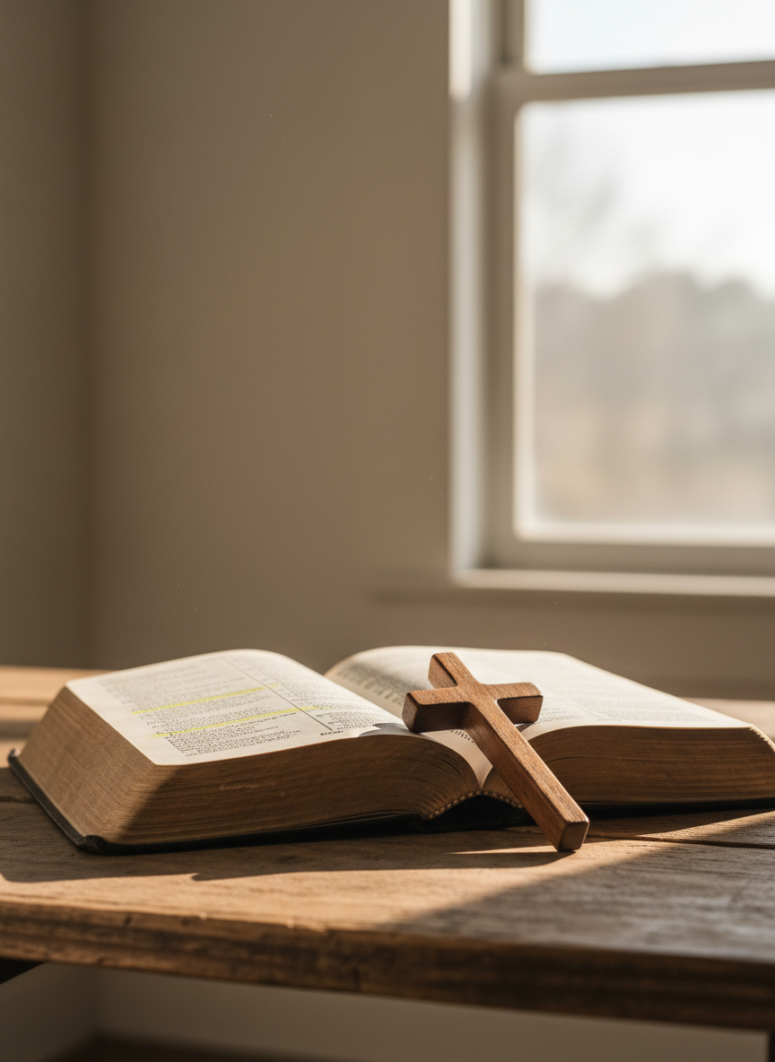 An open, well-worn leather Bible resting on a simple wooden table, its thin, slightly curled pages revealing a passage highlighted with soft yellow markings. A small, handcrafted wooden cross lies gently across the center crease. The scene is set near a large window in a quiet room, with soft morning sunlight streaming in and washing the table in a warm, diffused glow, casting delicate shadows from the cross and page edges. Photographic realism at eye level, with a shallow depth of field that softly blurs the background of plain, neutral walls, creating a calm, reverent atmosphere that suggests quiet devotion and reflection.